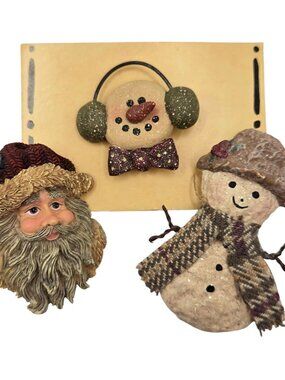VTG Brooch Christmas Ornament Pin Lot Snowman Santa Primitive Holiday Folk Art